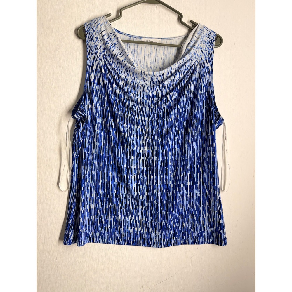 Calvin Klein Blue White Abstract Cowl Neck Sleeveless Blouse Tank Top XL